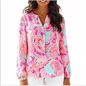 Lilly Pulitzer Stacey Silk Top – “Poolside Blue Love Birds”